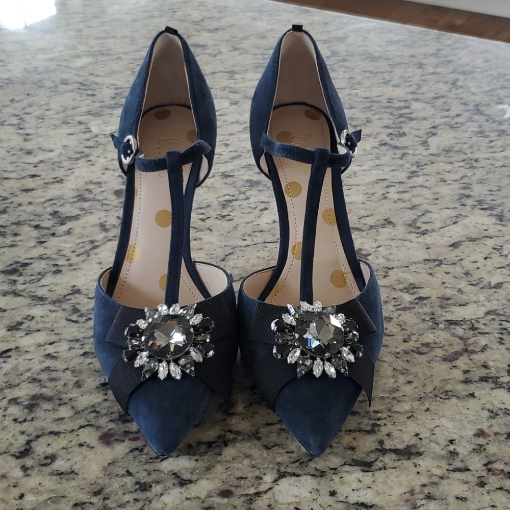 Boden Navy & Black Suede Jewelled Heels